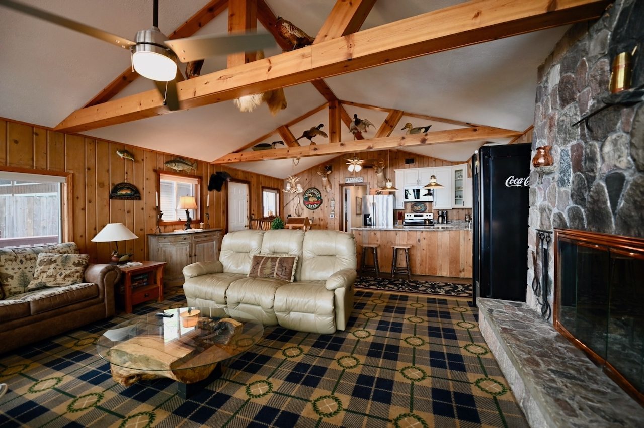 Stone fireplace great room